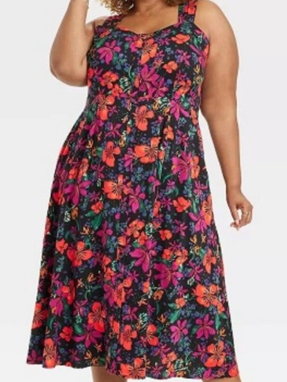 Ava & Viv Black Midi Dress with Pink & Orange Floral Print